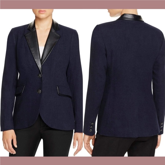NEW $138 Foxcroft [ 16 ] Wool Faux Leather Trim Two-Button Blazer in Navy‎ - Picture 1 of 15